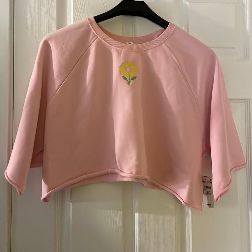Bp pink embroidered flower emblem fleece tee